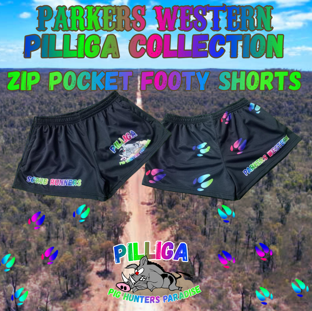 Pilliga Neon Trotters - scrub runners - Footy Shorts with Zip Pockets