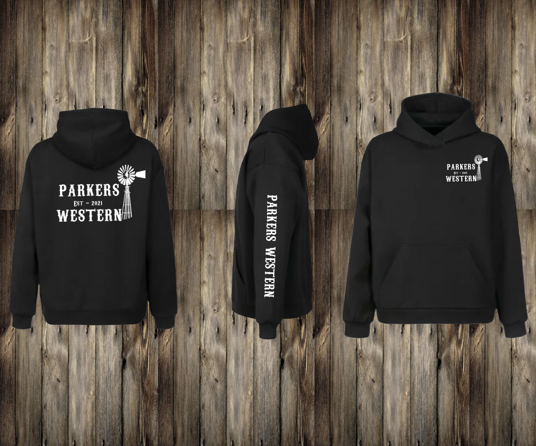 PRE-ORDER  Black Unisex Parkers Western Logo Hoodie
